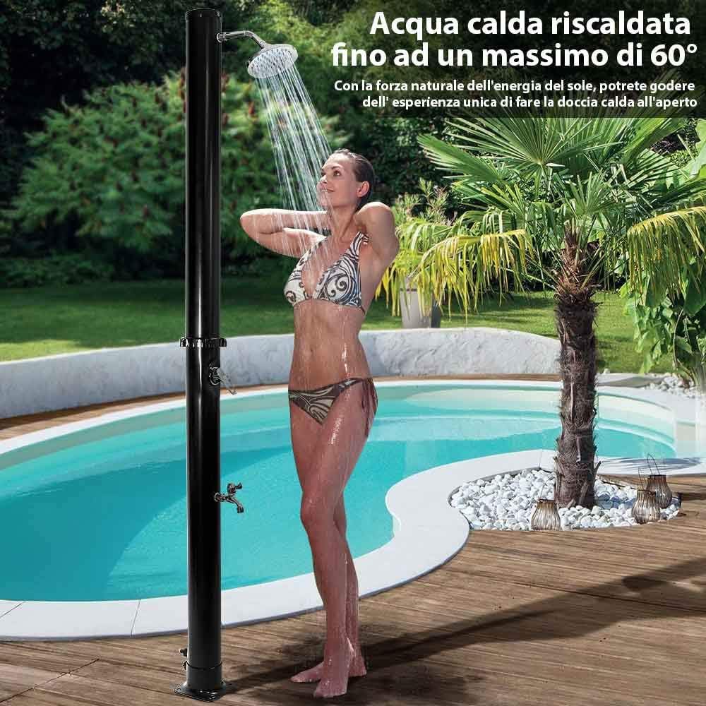 BAKAJI Douche op zonne-energie voor tuin, zwembad, outdoor, camping, watertank 20 l, met verstelbare douchekop, voor warm water, aansluiting voor de tuin, afmetingen 214 x 11,5 x 11,5 x 11,5 cm