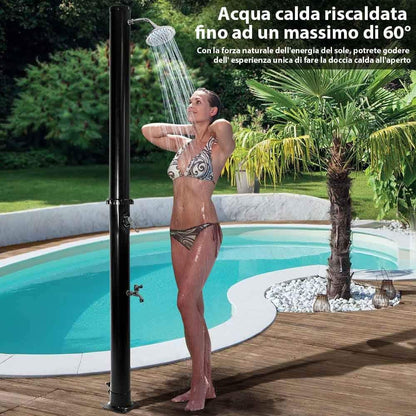 BAKAJI Douche op zonne-energie voor tuin, zwembad, outdoor, camping, watertank 20 l, met verstelbare douchekop, voor warm water, aansluiting voor de tuin, afmetingen 214 x 11,5 x 11,5 x 11,5 cm