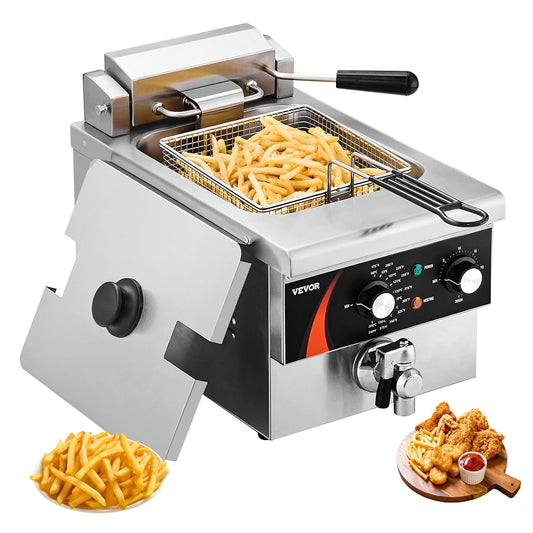 VEVOR Professionele elektrische pianofriteuse 3000 W met mand, 8,5 l enkelvoudige oliefriteuse, verdikt roestvrij staal 1 mm, tijdcontrole, gebruik in de keuken, restaurant, zilver