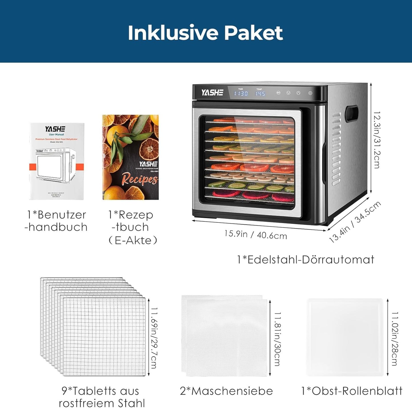 Roestvrijstalen droogautomaat, 1000 W voedseldroger voor groenten en fruit met led-display, nauwkeurige temperatuurregeling (35-75 °C), 48-uurs timer, 9 roestvrijstalen schalen, 2 gaaszeefjes, 1 kom