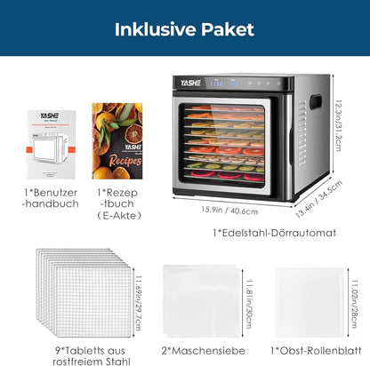 Roestvrijstalen droogautomaat, 1000 W voedseldroger voor groenten en fruit met led-display, nauwkeurige temperatuurregeling (35-75 °C), 48-uurs timer, 9 roestvrijstalen schalen, 2 gaaszeefjes, 1 kom