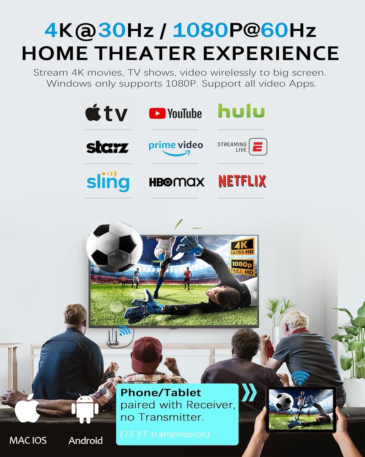 Wireless HDMI transmitter and receiver kit for flawless video/audio streaming at home, in the office, in the classroom, and on portable devices.