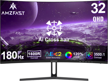 Amzfast 32 Inch Curved Gaming Monitor 180Hz, QHD 2560x1440, 1ms MPRT, DCI-P3 93%, sRGB 120%, Fast VA 1500R, Adaptive Sync, VESA 100x100mm, HDMI 2.0×2 & DP 1.4×2, AMZG32C1Q - QUORE