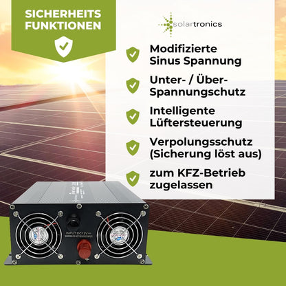 solartronics NM Spanningsomvormer, omvormer, 2000-4000 watt, 12 V naar 230 V, zwart, USB, Schuko, tuin, camping, camper (2000 watt, 12 V)