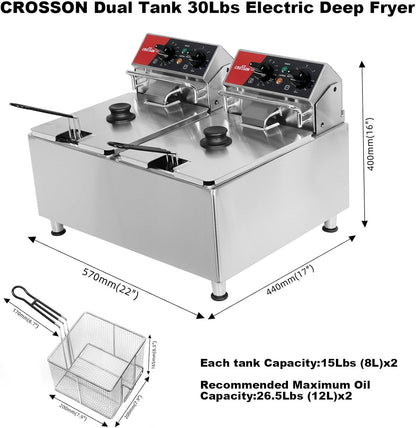 CROSSON Commerciële Friteuse 16L,230V/6500W Elektrische Friteuse met Dubbele Tank, Temperatuurregeling 80-200°C,Snel opwarmen,voor Keuken,Restaurant