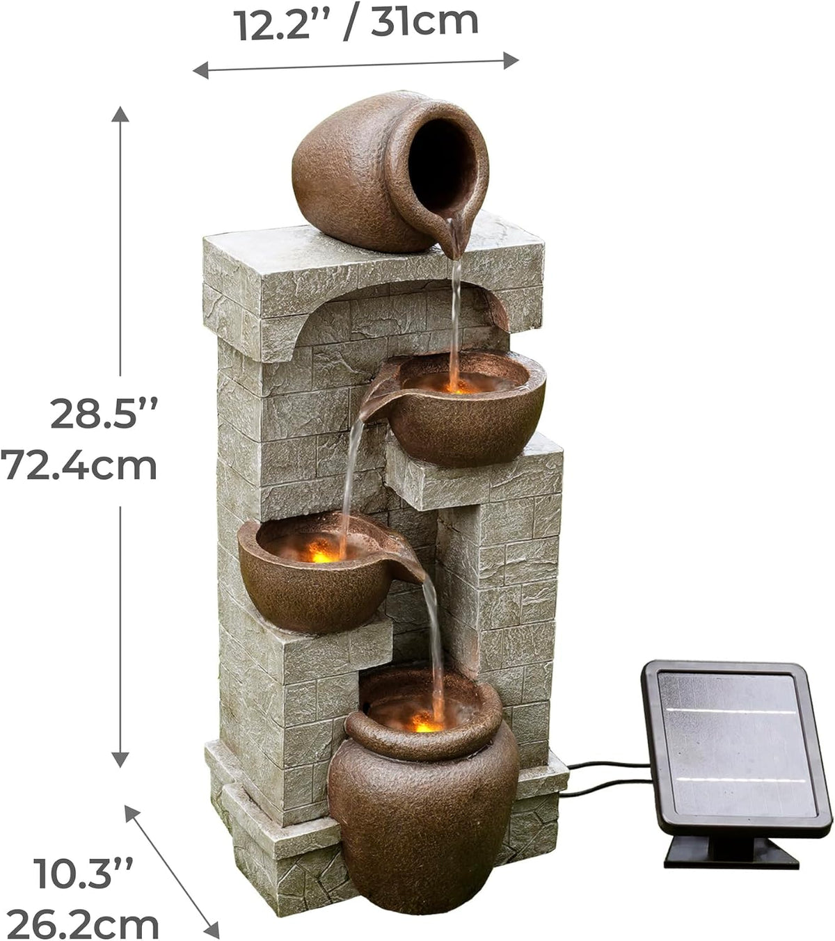 Teamson Home Buiten Tuin Water Fontein - Waterornament - Zonne-Energie - 4 Lagen Pot Ontwerp - Waterval - Tuindecoratie - Binnen & Buiten - Met Pomp - 31 x 26.2 x 72.4 (cm)
