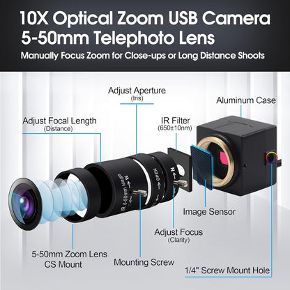 Webcam 4K UHD – USB-webcam – USB-camera – Pc-camera – Computercamera – 10x Optische Zoom – 5-50 Mm Varifocale Lens