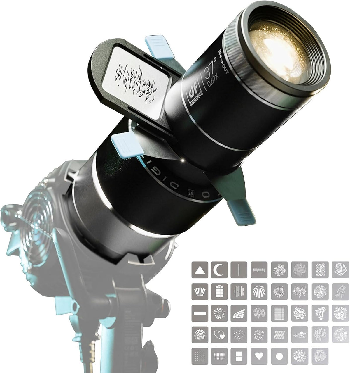 Optische Snoot – Gobo Projector – Lichtprojector – Projectiesnoot – Voor Bowens-aansluiting – 39 Gobo’s – 4 Kleurfilters
