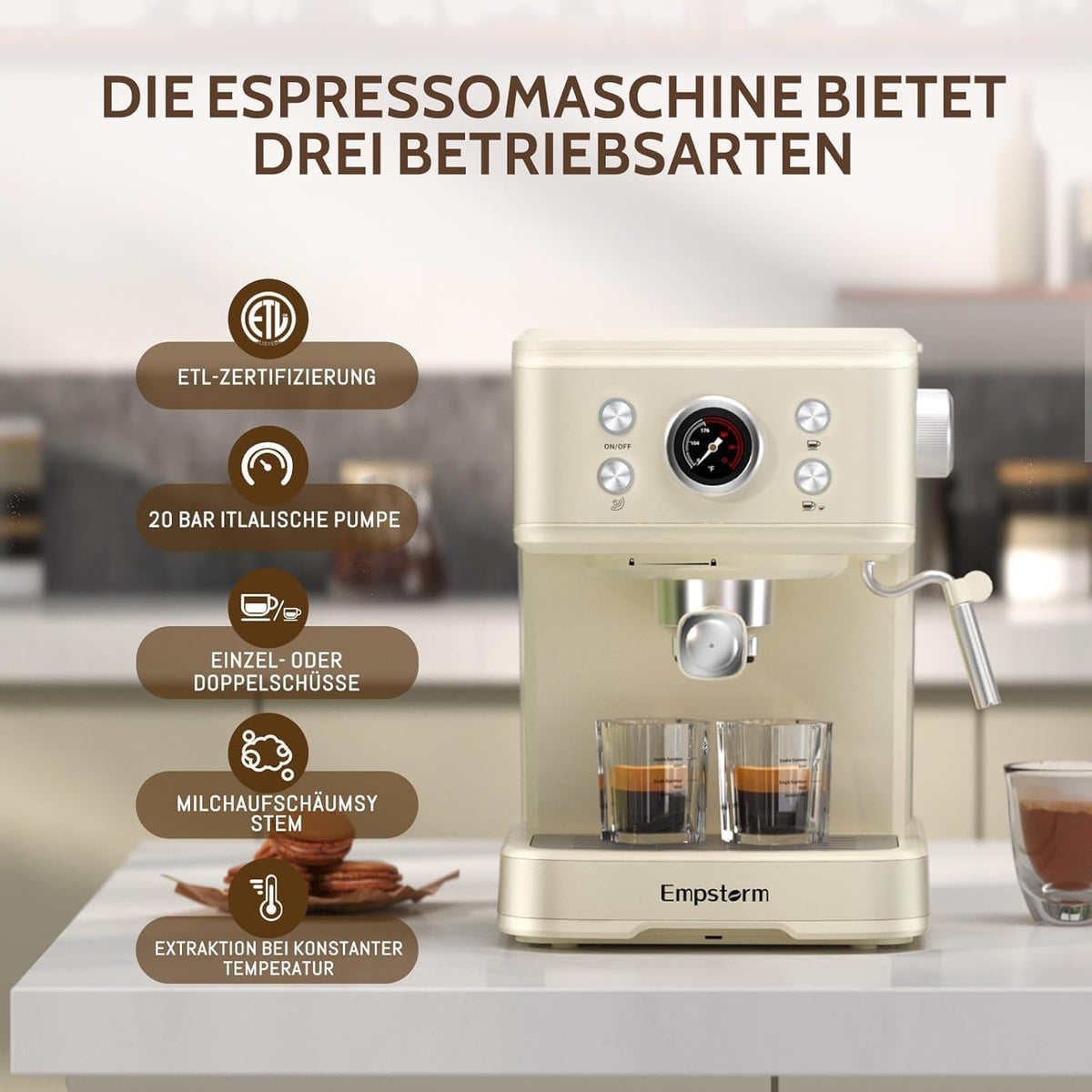 Empstorm Espresso Filtermachine met melkopschuimer, 20 bar, espressomachine met zeefhouder, 2-in-1 Expresso machine voor poeder en capsules, 1,5 l waterreservoir, zeefhouder, koffiezetapparaat, wit