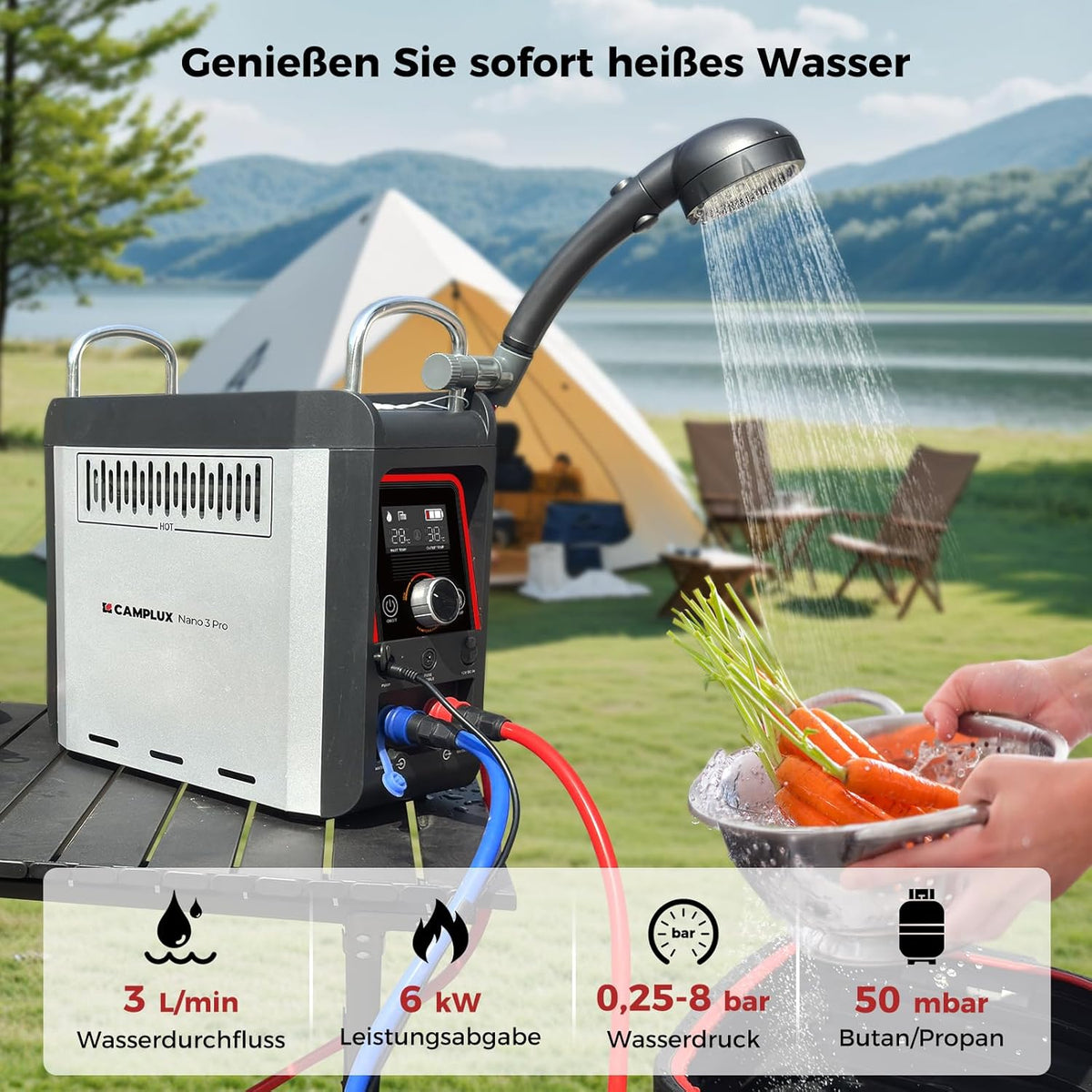 CAMPLUX Gas Boiler 3 Liter Draagbare met Waterpomp Nano 3 Pro-DE, LPG, 50mbar, voor Buitendouche, Camping, Campers, Nano Series