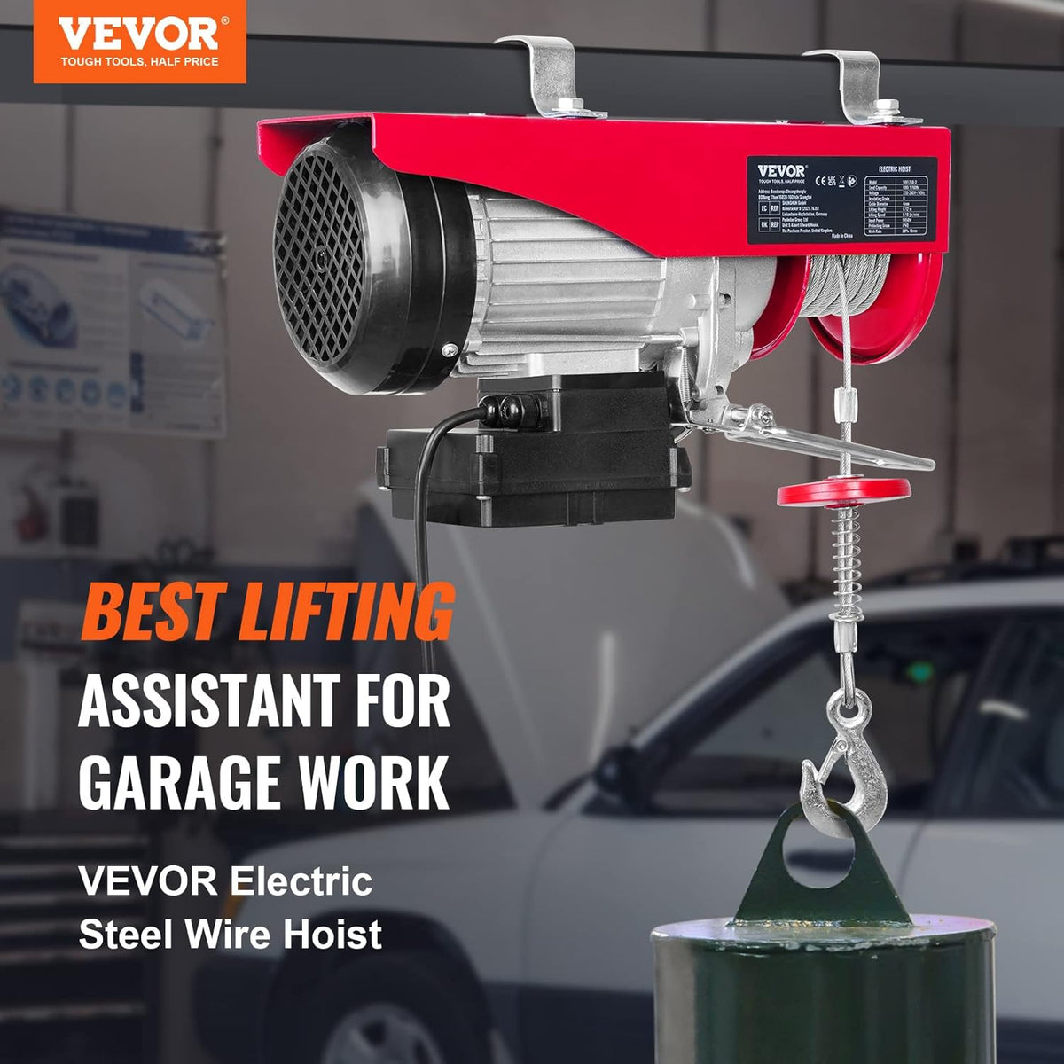 VEVOR Electric winch 300kg to 600kg lifting height 12m cable motor winch 1150W copper motor pulley 10m/min lifting speed lift with wireless remote cable lift chain hoist