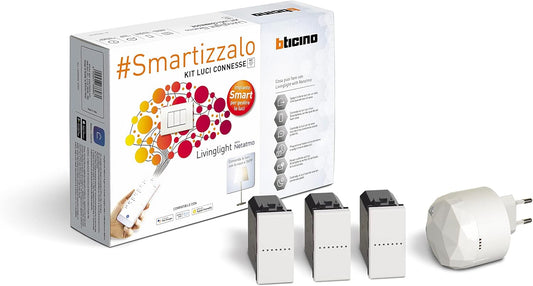 BTicino Livinglight SN3601KIT Smart lichtset, voor in- en uitschakelen van de lichten via app of met Alexa, Google en Siri, met 1 gateway plug-in wit S36GWDC en 3 aangesloten witte schakelaars N4003C