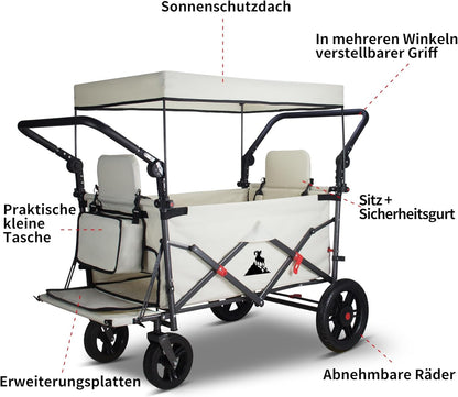 Bolderkar, inklapbaar, met 2 zitplaatsen en remmen, campingwagen voor uitstapjes, handwagen met 120 l grote opbergruimte, PU volle banden, tot 120 kg draagkracht (beige)