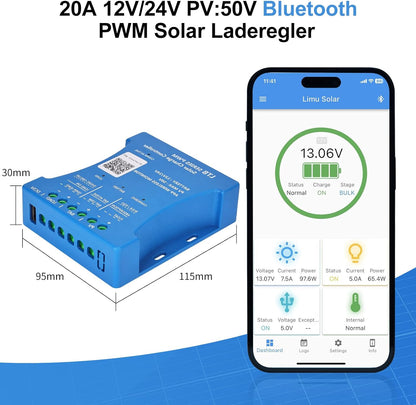 180W Zonnepaneel 12V Monokristallijn Zonnepaneel Zonnecel Kit: 180 Watt Zonnepaneel met 20A Bluetooth Zonne-laadregelaar + 5M Zonnekabel + Z-brackets voor Campers, Boten, Tuinhuisjes