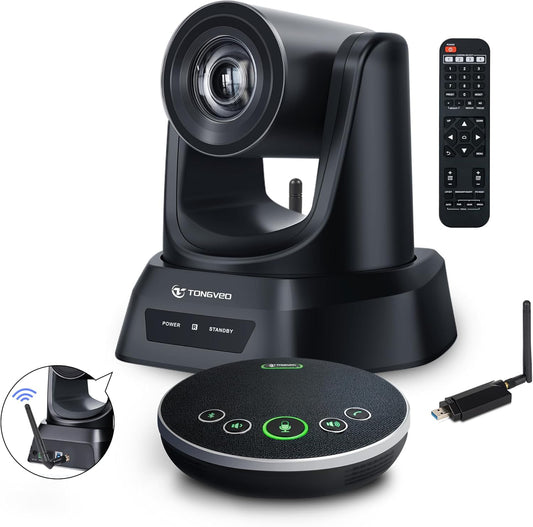 Camerasysteem voor vergaderruimte, draadloos, 5,8 GHz, PTZ-camera 3 x 60 fps met bluetooth-microfoon, bereik van 50 voet, met zoom, Skype, OBS - eenvoudig te installeren en online vergaderingen