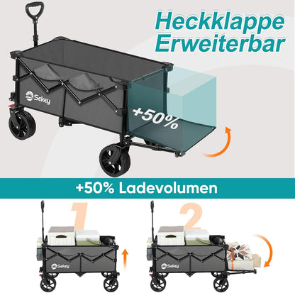 Sekey XXL opvouwbare handkar met uitklapbare achterklep 135L & 200L, opvouwbare handkar opvouwbare vistrolley opvouwbaar vanuit VIER richtingen tot 150KG, SE4019, Grijs