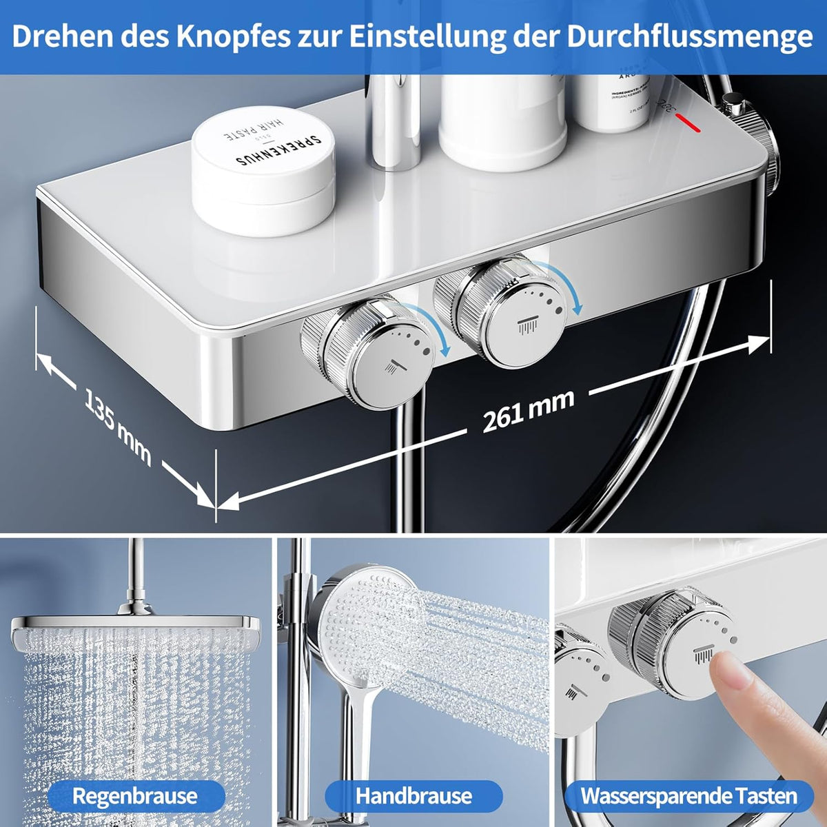 Thermostatisch Douchesysteem – Douche Set – Regendouche – Handdouche – Doucherail – Complete Set Chroom – 38°C Thermostaat – XL Regendouche 30x20 cm