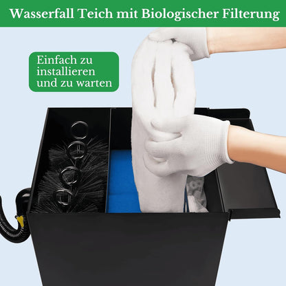 Biling Waterval voor tuinvijver met filterfunctie, zwarte roestvrijstalen watervallen, beekloopset met 80 W, 4500 l/u, vijverpomp, vijverfilter met waterval, voor tuin, waterspel, terras