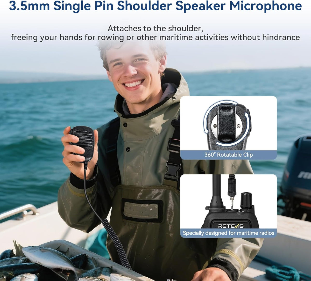 Retevis RM15 VHF Maritieme Radio, IP68 Waterdichte Walkietalkie met Microfoon, 2000 mAh, Tweekleurig Scherm, Internationale Maritieme Kanalen, voor Vissersboten (1 Verpakking)