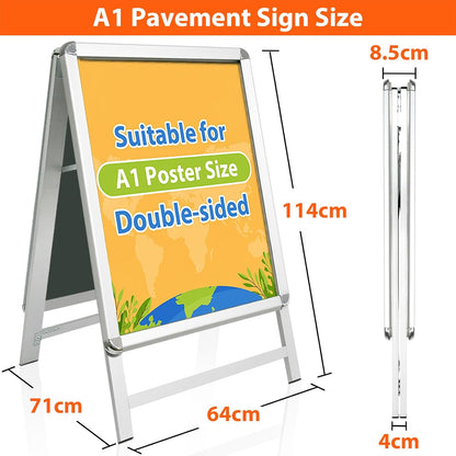 Stoepbord Zilver – A-Bord – Reclamebord – Displaybord – Posterbord – A1 Dubbelzijdig – Aluminium Snap Frame