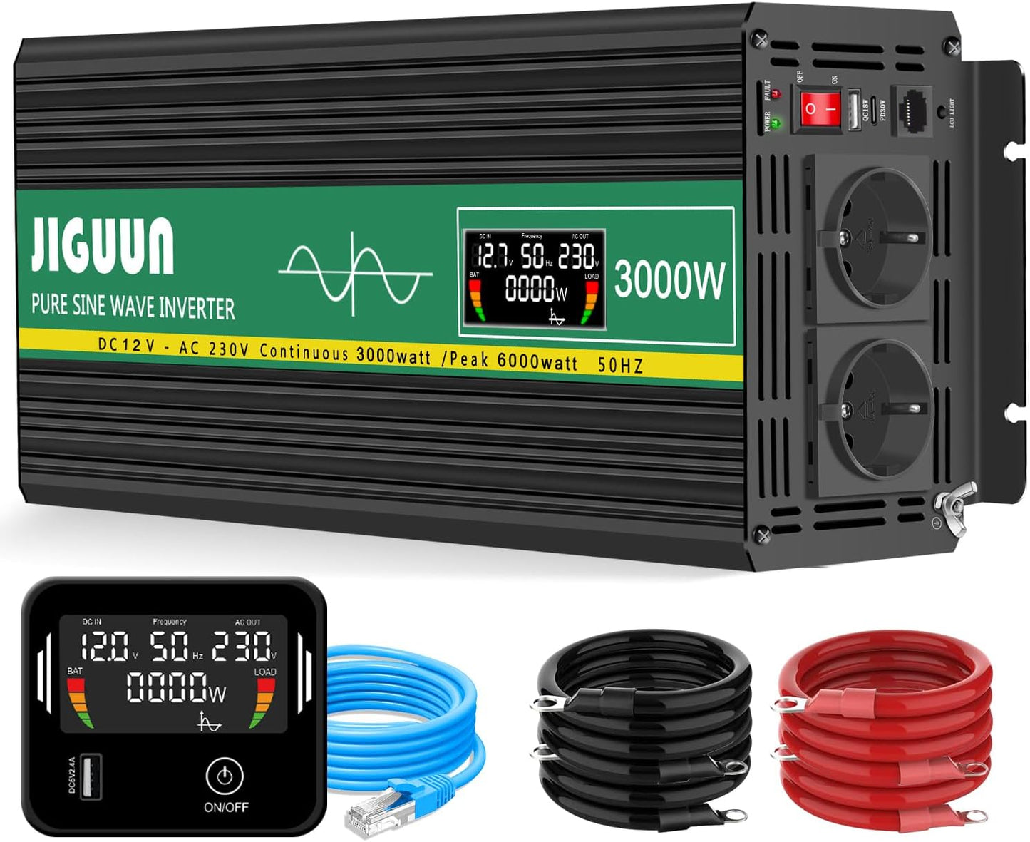 JIGUUN 3000W/6000W omvormer 12v naar 230v zuivere sinus Converter power inverter met afstandsbediening LCD-scherm 2 Eu-stopcontact & 1 USB-poort voor auto, camping, reizen,noodgeval
