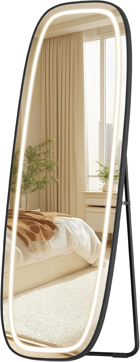 Hzuaneri DM41801B Full Body Mirror with Lighting, 160 x 50 cm, Curved Standing Mirror, Wall Mirror, 3 Light Colours, Adjustable Brightness, for Bedroom and Living Room, Black