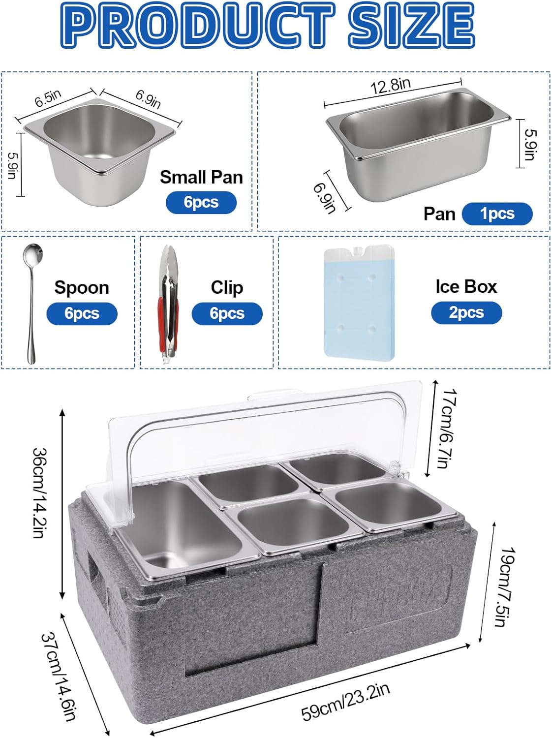 Pizza Topping Station – Buffetstation – Saladebar – Buffetbak – Toppingset – 7 Pannen Inclusief Lepels, Clips En Deksels – Geïsoleerd Met IJsdozen