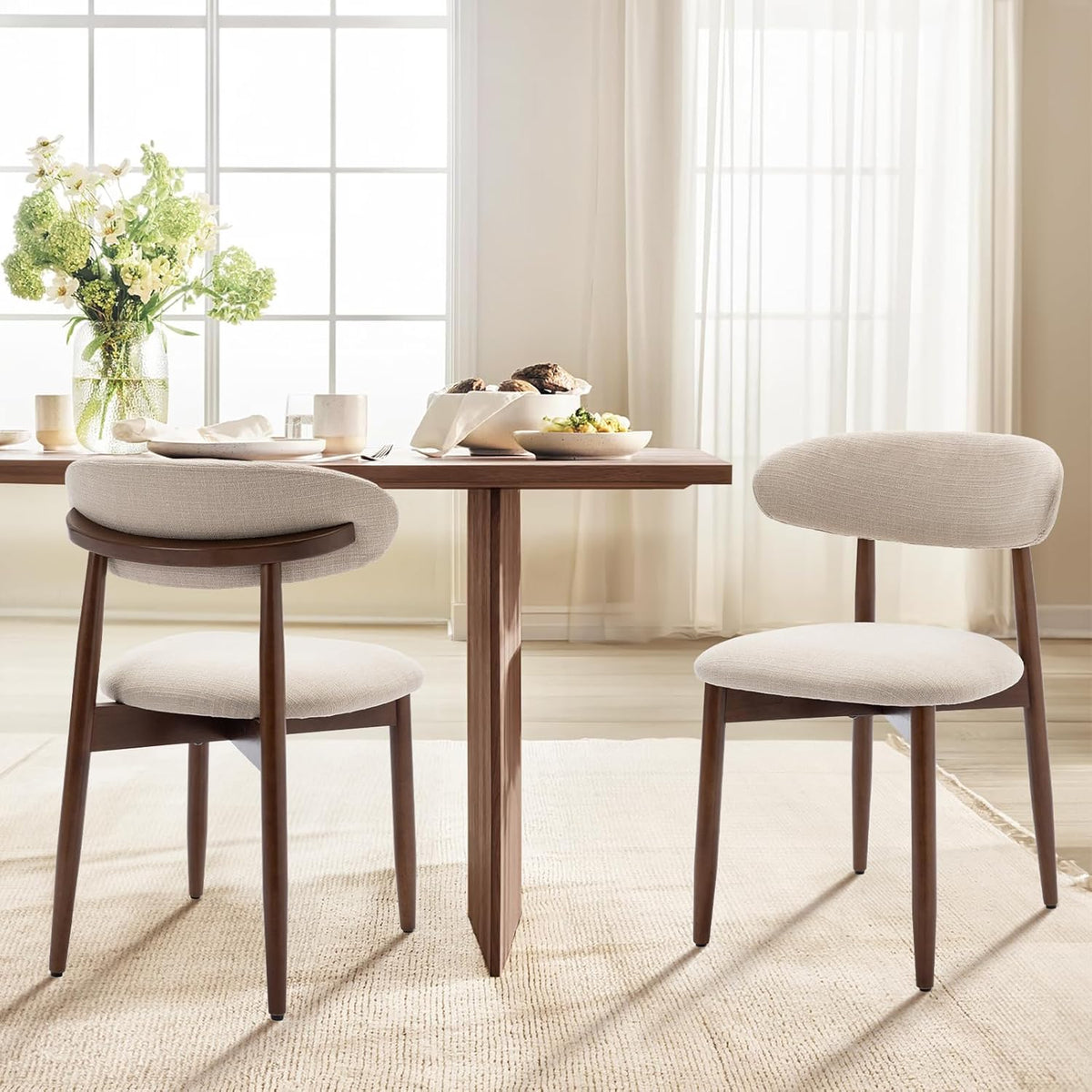 COLAMY Keukenstoel, eetkamerstoelen, set van 2, moderne gestoffeerde stoel, eetstoelen met vaste rugleuning, stoffen eetkamerstoel met houten poten, voor eetkamer, keuken, restaurant, beige