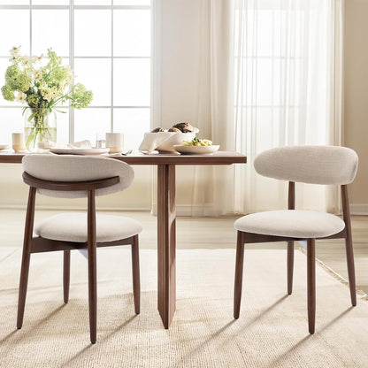 COLAMY Keukenstoel, eetkamerstoelen, set van 2, moderne gestoffeerde stoel, eetstoelen met vaste rugleuning, stoffen eetkamerstoel met houten poten, voor eetkamer, keuken, restaurant, beige