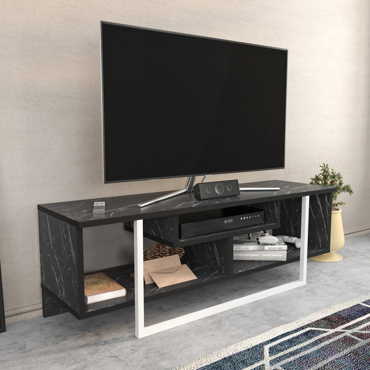 Hanah Home Stijlvolle tv-standaard, zwart & wit, 120 x 35,2 x 40,2 cm, 100% melamine gecoat verdeelbord, 18 mm dik, modern design voor woonkamer en entertainmentruimtes