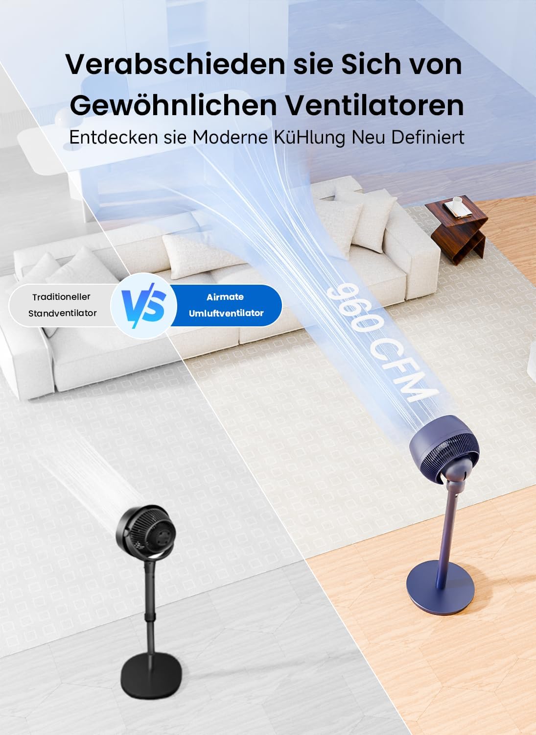 AIRMATE 25 dB staande ventilator, stil, 26 m windafstand, 1600 m³/h luchtvolume, echte turbo-luchtcirculator, in hoogte verstelbaar, ventilator met afstandsbediening, 3 modi/12 standen/12 timers