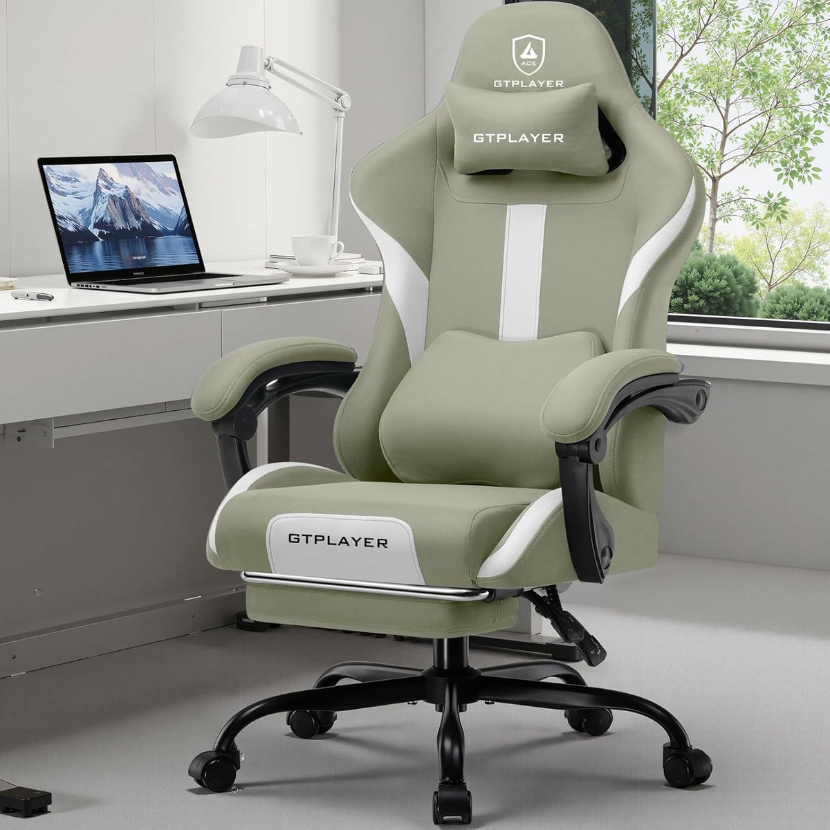 GTPLAYER Gaming stoel, bureaustoel, ergonomische gamingstoel met hoofdsteun en cloud-lendenkussen, gevoerde gamingstoel met voetensteun, draaistoel, 150 kg capaciteit, groen