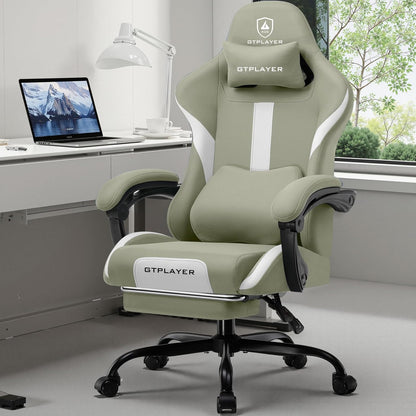 GTPLAYER Gaming stoel, bureaustoel, ergonomische gamingstoel met hoofdsteun en cloud-lendenkussen, gevoerde gamingstoel met voetensteun, draaistoel, 150 kg capaciteit, groen