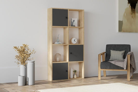 Hanah Home Scandinavian Wand-Mounted Bookshelf, saffier & antraciet, 77,8 x 151,4 x 22 cm | 100% Melamine Coated Particle Board, 18 mm dik | Stijlvol & Ruimtebesparend Ontwerp