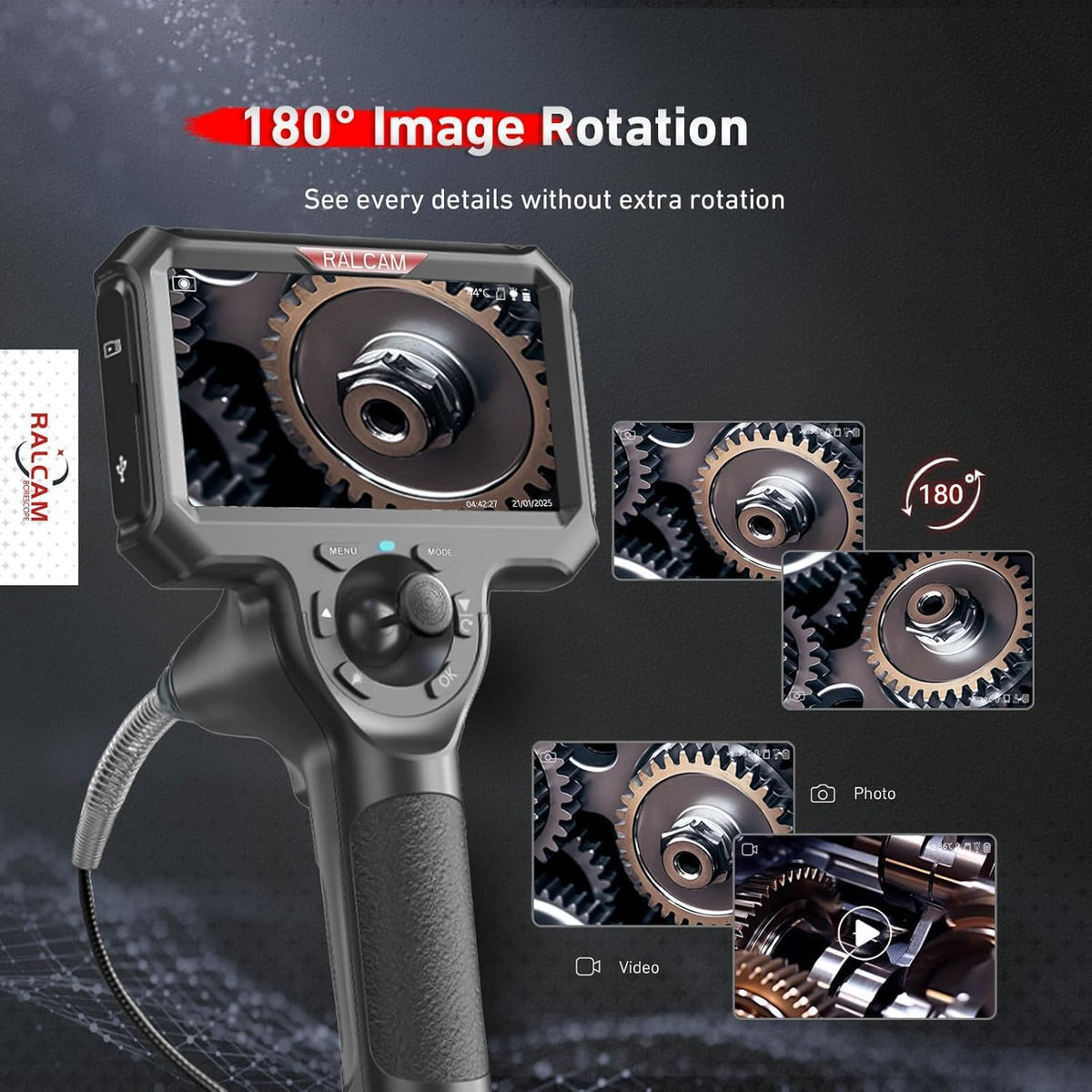 Ralcam endoscoopcamera 6,2 mm endoscoopcamera - 360° inspectiecamera met licht 5,0" HD 1280x720 pijpcamera, camera's met 6 LED's, IP67 waterdichte 1,5 m semi-rigide pijpcamera telescopische camera