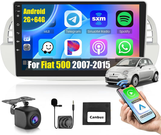 Autoradio Fiat 500 – Multimedia Speler – GPS Navigatie – Touchscreen Radio – Android Auto CarPlay – 9 Inch Scherm – Wireless Verbinding – Achteruitrijcamera