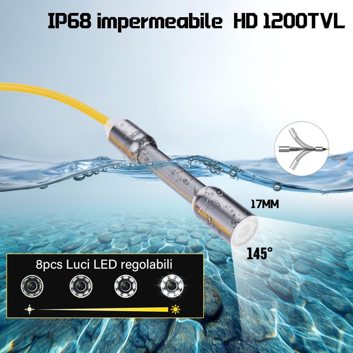Endoscopische camera voor leiding, 20 m, 5 inch inspectiecamera met DVR, industriële endoscoop, IP68, met 12 ledlampen, 17 mm diameter van de camera