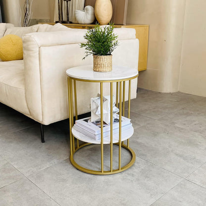 Marmeren Top Bijzettafel Goud: Kleine Ronde Eindtafels 40 x 54 cm Gesinterde Steen Nachtkastje met Metalen Gouden Poten Moderne Witte Nachtkast 2-laags Ronde Sofa Salontafel voor Slaapkamer Woonkamer