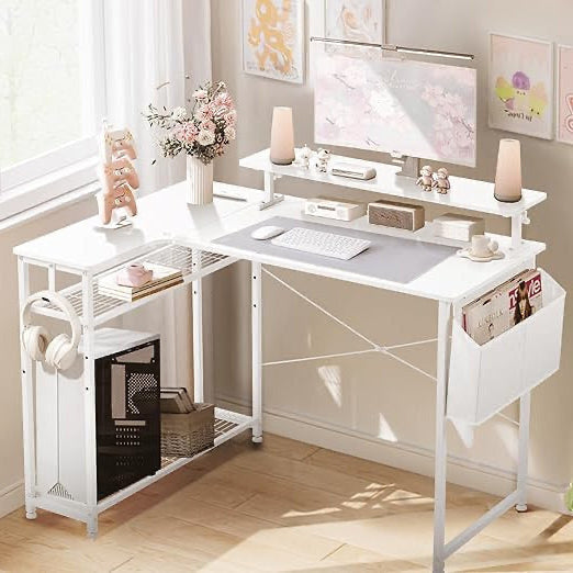 Dowinx Cute Gaming Desk, Carbon Fiber Surface Computer Table, Home Office Desk, PC Workplace with Cup Holder and Headphone Hook, 100x50cm, White - QUORE