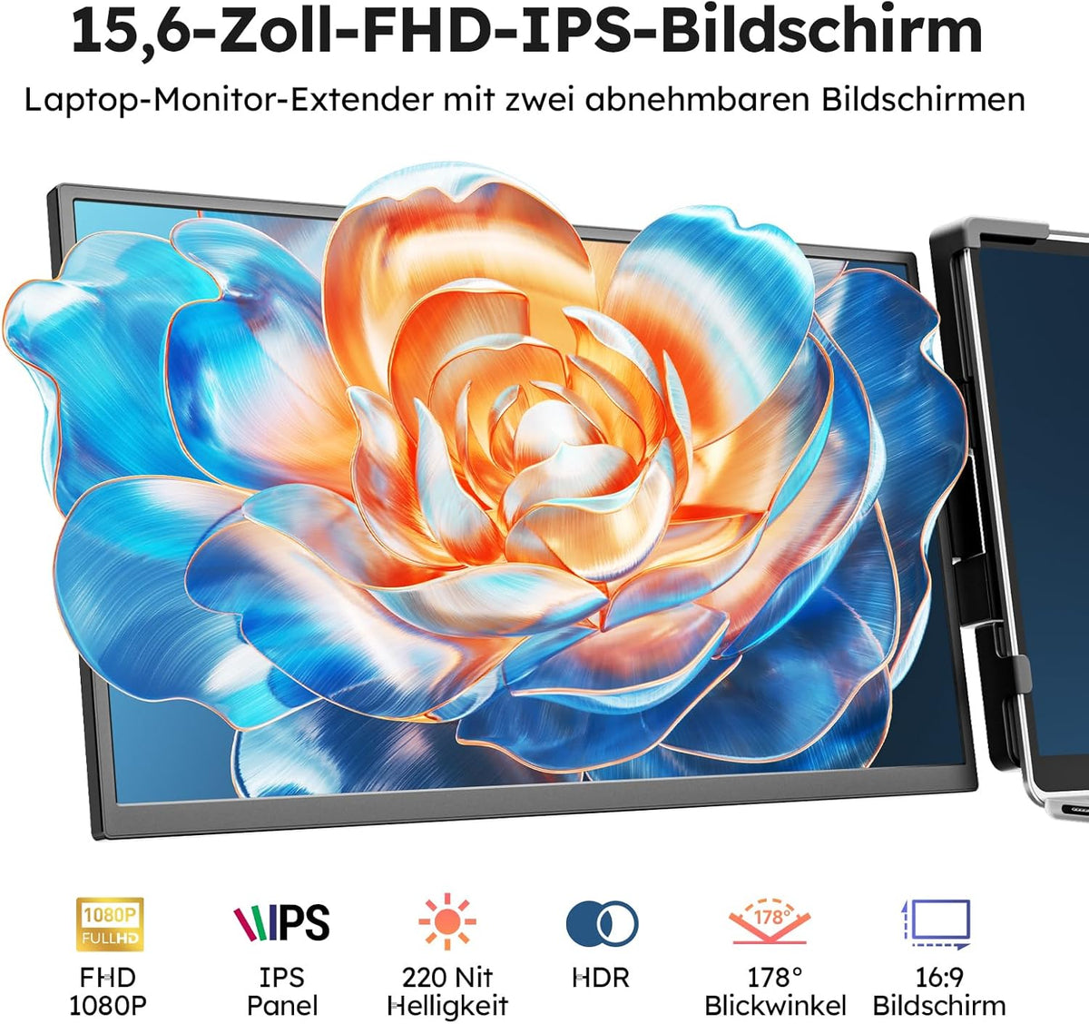 15,6" Laptop Screen Extender, FHD 1080P IPS Laptop Schermuitbreiding, Plug & Play Triple Display Extension, compatibel met 13,3 inch - 17 inch voor Windows/Mac/Android/Chrome