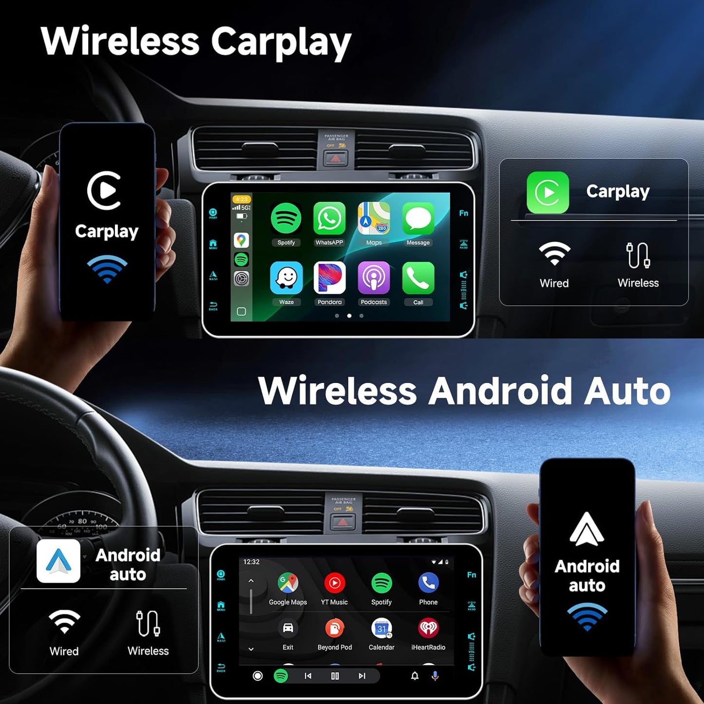Android 13 autoradio 1 DIN draadloze CarPlay Android Auto, Podofo 9-inch touchscreen 4G+64G radio Bluetooth 5.0 FM/RDS GPS HiFi EQ WiFi stuurwielbediening achteruitrijcamera