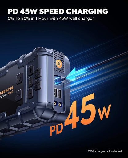 TREKURE 10-in-1 booster autostarthulp 7000 A en PD 45 W snel opladen, noodstarthulp voor auto met compressor 160 psi, handschoenen en lichten, accustarthulp voor alle gassen of 12 l diesel