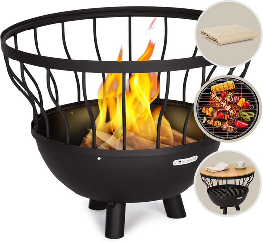 blumfeldt Vuurplaats voor tuin, draagbare vuurplaats met barbecue, outdoor reizen, circulaire vuurschaal, grillrooster met bamboe deksel en stalen kom, barbecuetafelset voor camping en terras,