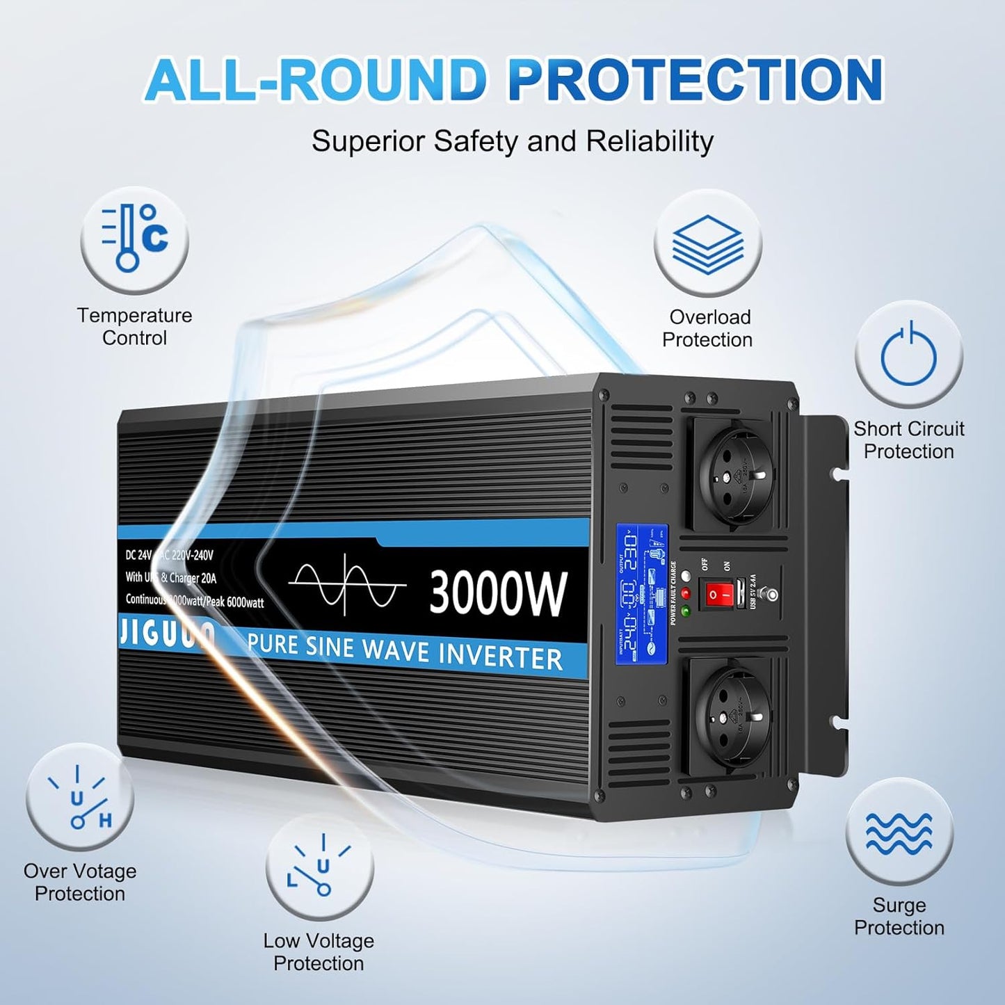 JIGUUN 3000W omvormer 24v naar 230v zuivere sinus met 20A lader en net prioriteit circuit en UPS, 2 EU-stopcontacten, draadloze afstandsbediening en LCD-display piekvermogen 6000W