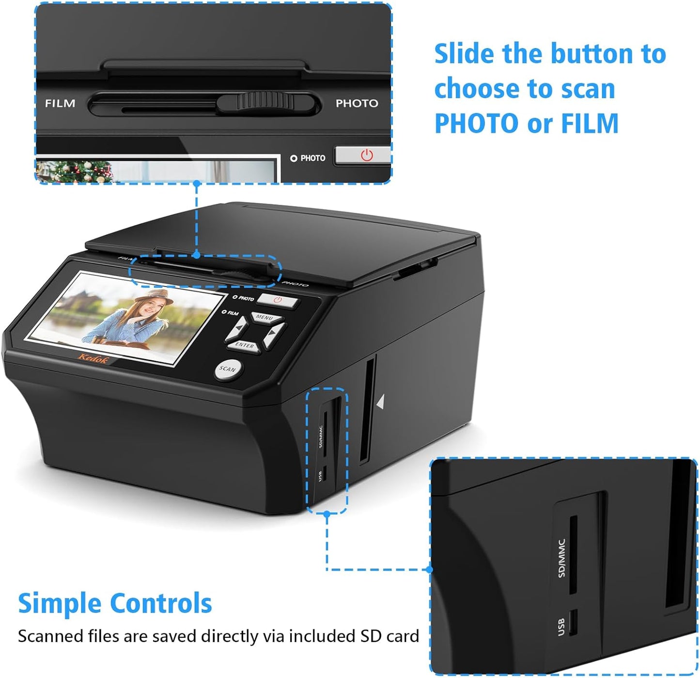 Digitale film- en diascanner - met 5 inch LCD-scherm, converteert 35 mm en 110 mm films, foto's en visitekaartjes in 22 MP JPEG hoge resolutie 8 GB SD-kaart