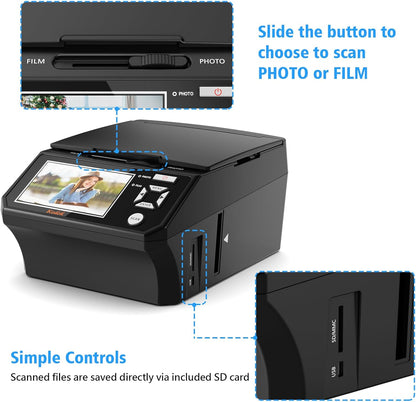 Digitale film- en diascanner - met 5 inch LCD-scherm, converteert 35 mm en 110 mm films, foto's en visitekaartjes in 22 MP JPEG hoge resolutie 8 GB SD-kaart