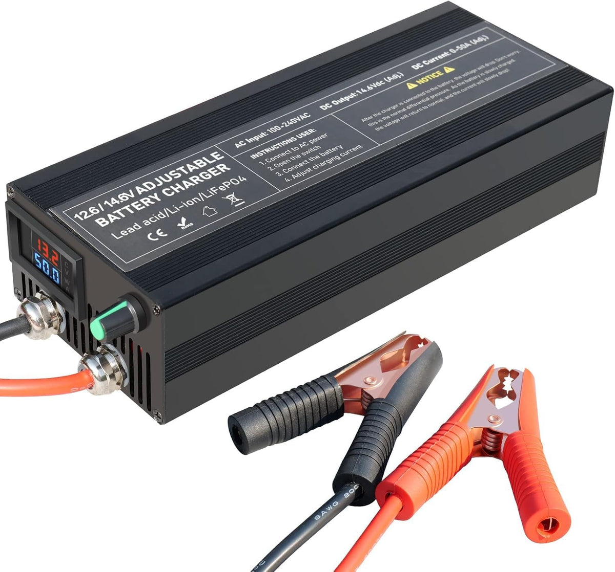 LiFePO4 Oplader met traploze regeling, intelligente 12V 50A acculader met activering van de lithiumbatterij voor auto, vrachtwagen, motorfiets, grasmaaier, boot, marine, lithiumbatterijen