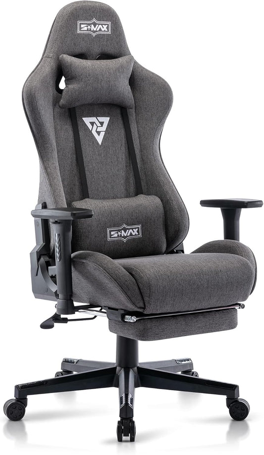 S*MAX Gamingstoel, stof, grijs, met voetensteun, verdikte stoel, 3D-armleuning, videospelstoelen met hoge rugleuning, ergonomische gamingstoel voor volwassenen
