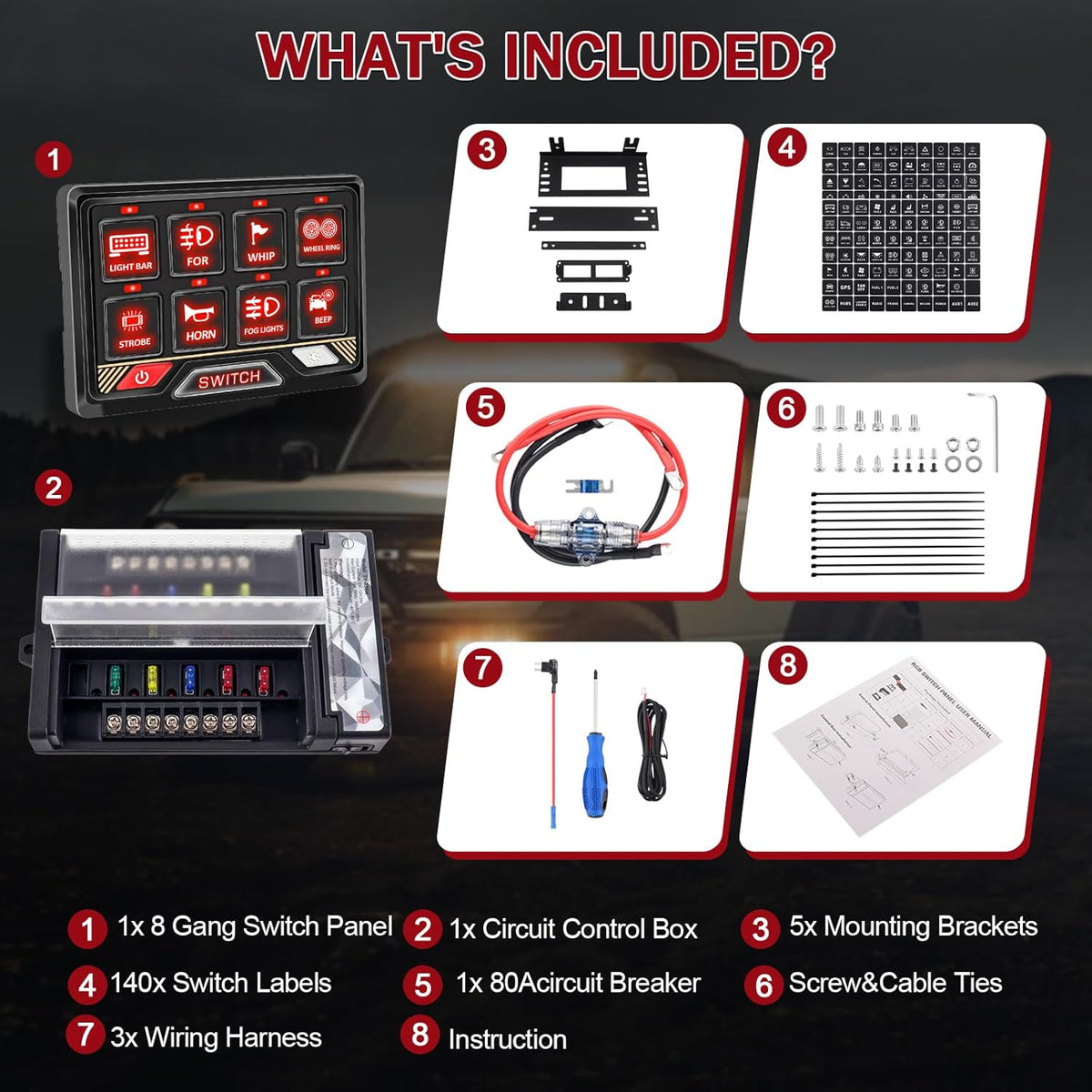 Chelhead Paneel Schakelaar: 12v/24v 8 controle Tuimelschakelaar RGB Universele Controle Relaissysteem met Aux-circuit voor Offroad Voertuig Auto Truck Boot