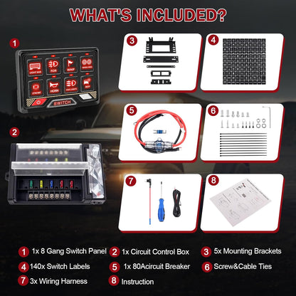 Chelhead Paneel Schakelaar: 12v/24v 8 controle Tuimelschakelaar RGB Universele Controle Relaissysteem met Aux-circuit voor Offroad Voertuig Auto Truck Boot